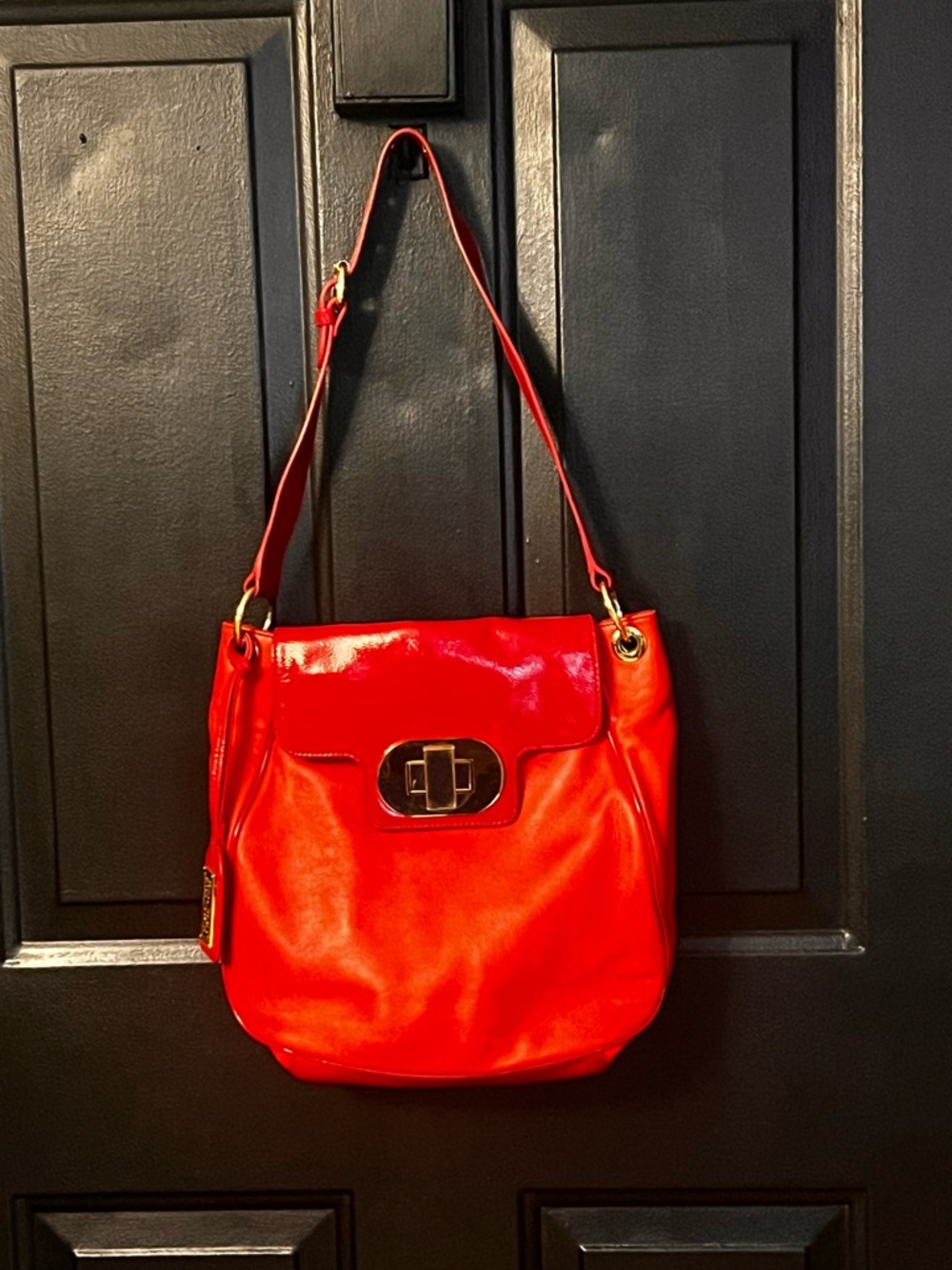 Badgley Mischka Bright Red Leather Shoulder Bag with Gold-Tone Turn Lock